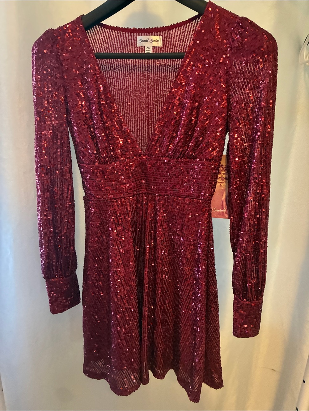 Emerald Sundae Red Sequin V-Neck Long Sleeve Dress